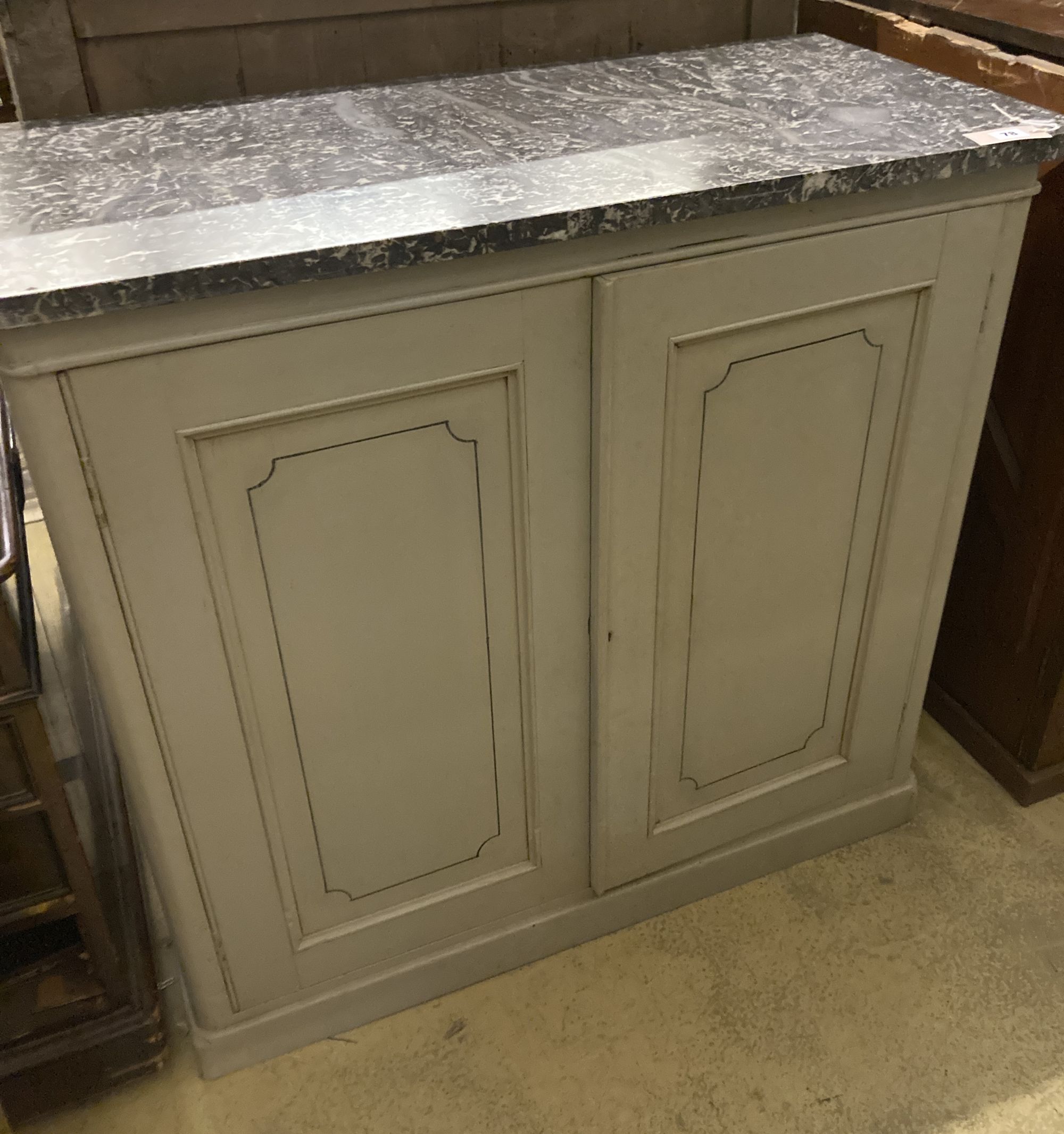 A Victorian painted pine marble top side cabinet, width 102cm, depth 49cm, height 96cm